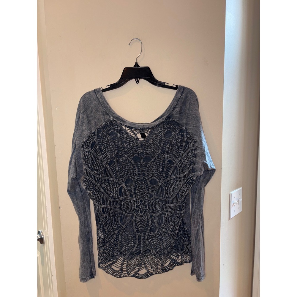 Windsor Womens Grey Acid Wash Crochet Lace Back Long Sleeve Top V-Neck H6629 L